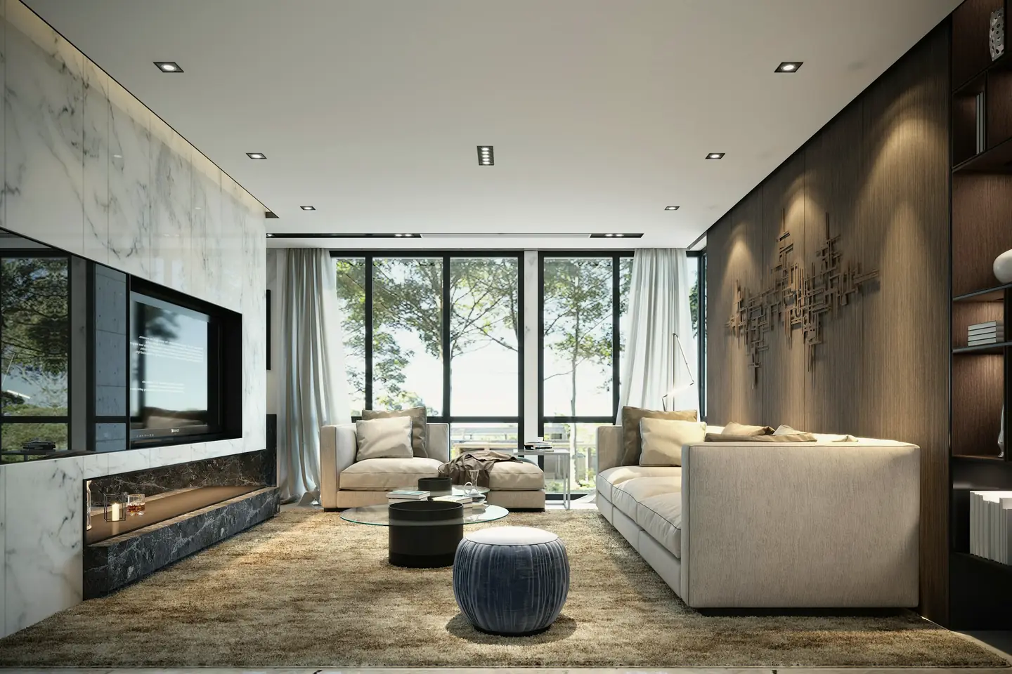 A calm living room with a stone fireplace wall